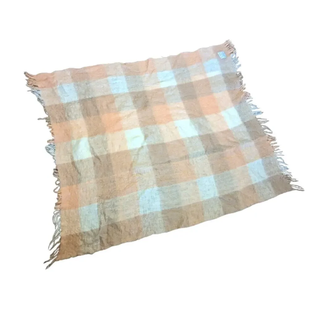 Loch Maree St. Albans Pure Mohair Pile Blanket Fringe Plaid Tan Orange Throw